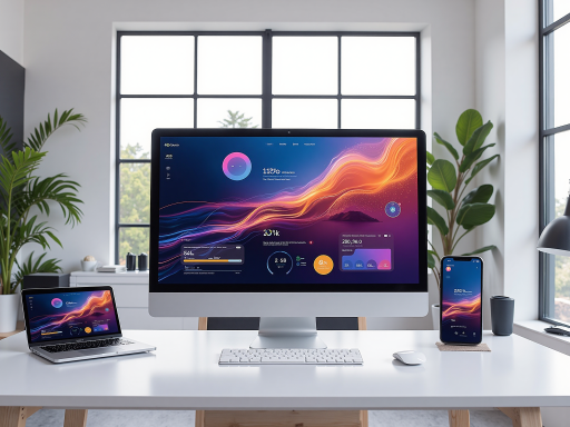 企业通讯解决方案展示界面，显示多个设备连接状态，深蓝色背景，现代化数字界面，明亮自然光