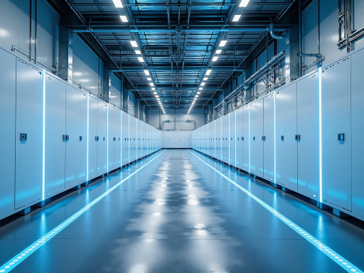数据中心服务器机柜排列整齐，蓝色LED指示灯闪烁，现代科技环境，明亮自然光